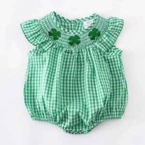 Boutique St Patrick's Day Baby Girls Smocked Shamrock Bubble Romper Jumpsuit